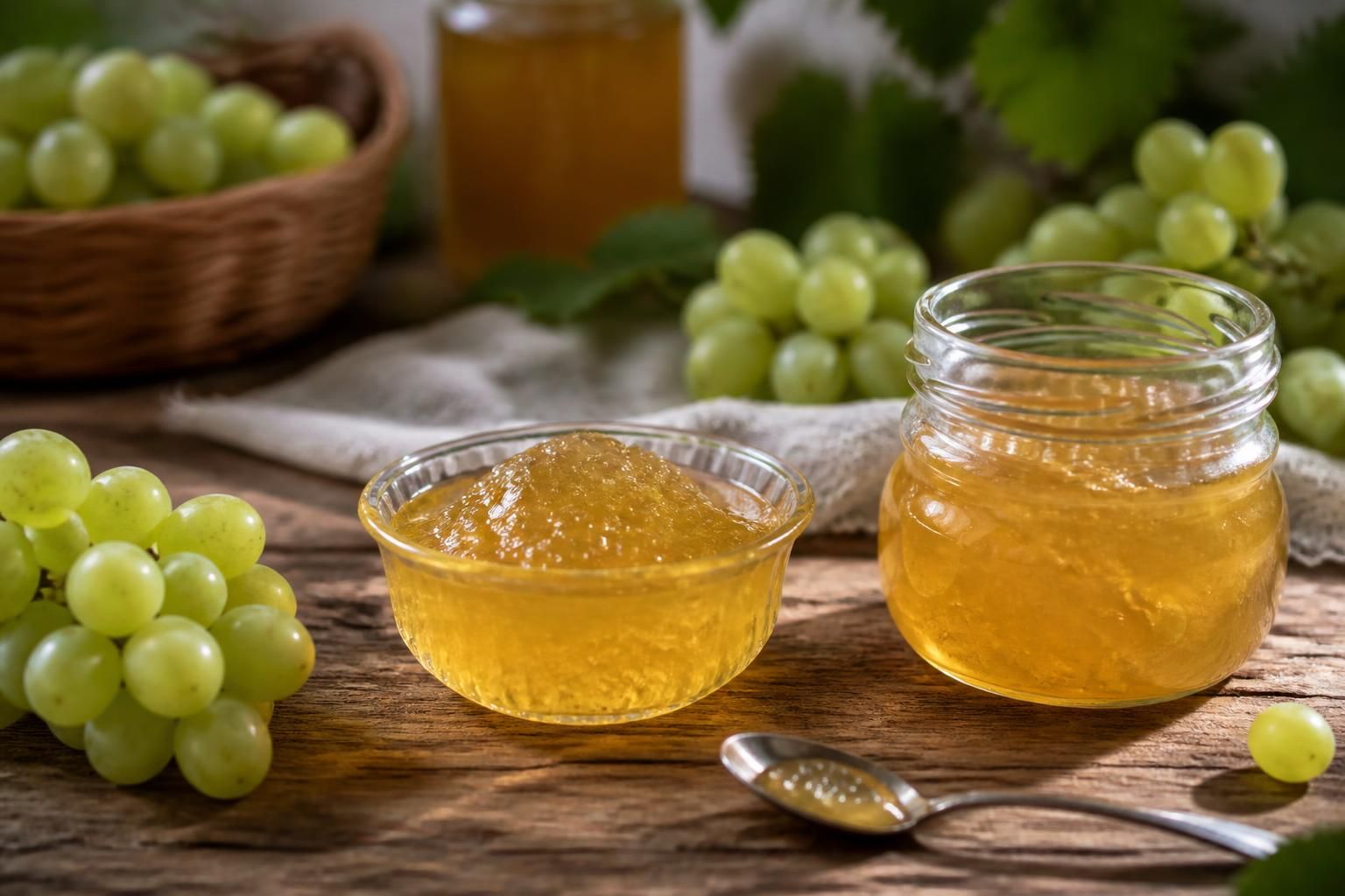Pots de gelée de raisins blancs maison posés sur une table en bois, avec une grappe de raisins blancs frais à côté