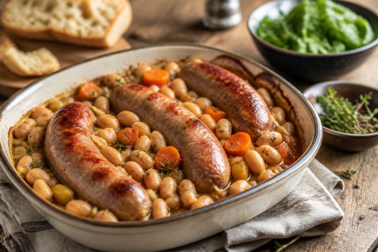 Assiette de saucisses de Toulouse dorées au four avec des pommes de terre rôties et du thym frais, sur une table en bois rustique