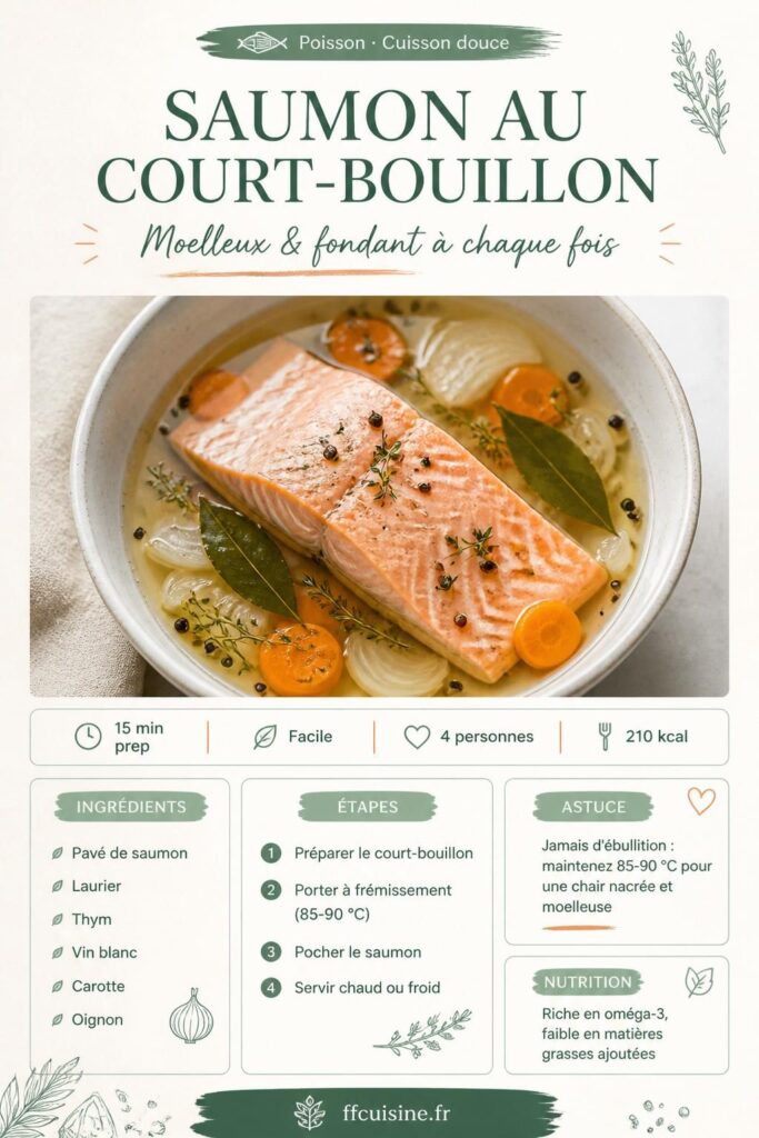 Saumon poché au court-bouillon aromatique, chair nacrée et fondante, servi avec citron et herbes fraîches