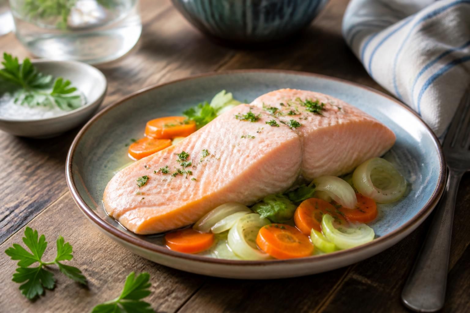 Pavé de saumon poché au court-bouillon aromatique dans une casserole, servi avec des légumes vapeur et une tranche de citron