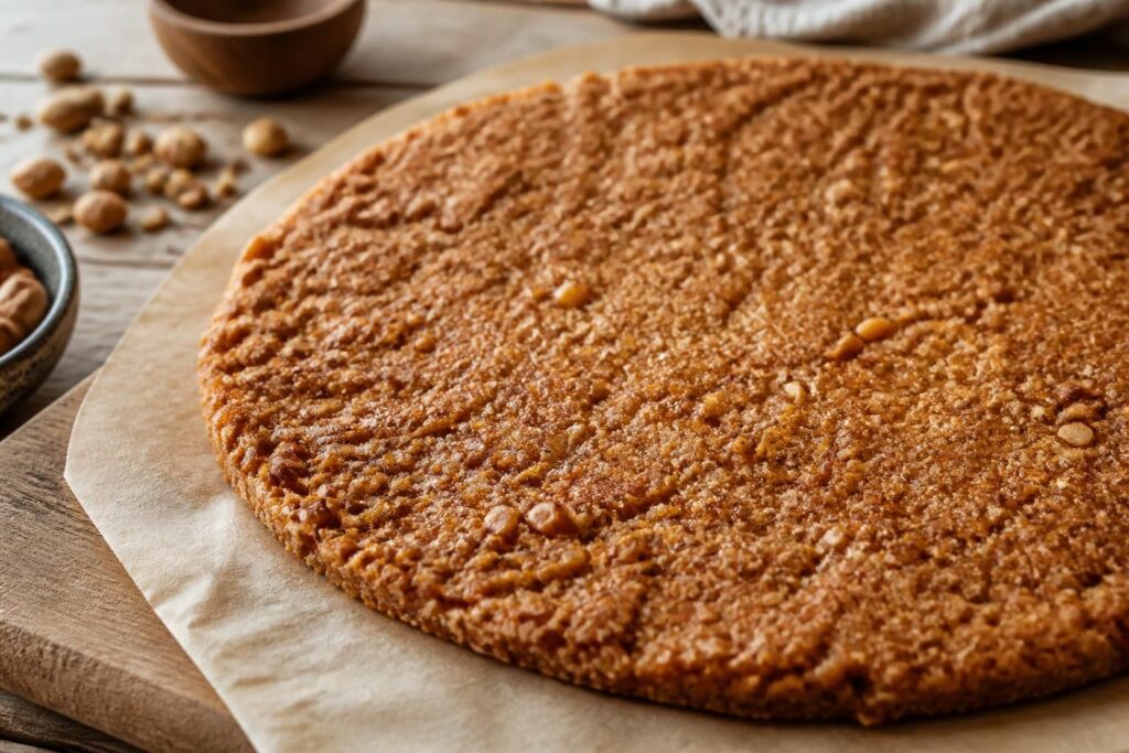 Fond de gâteau croustillant au spéculoos et chocolat au lait dans un cercle pâtissier, vu de dessus sur un plan de travail en marbre blanc