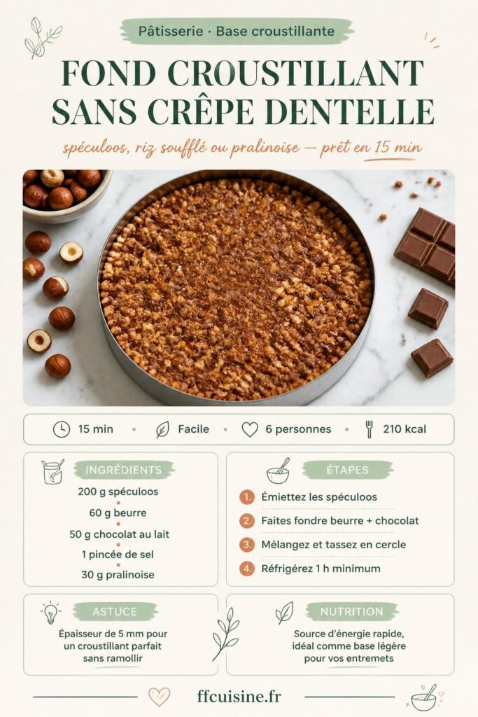 Fond croustillant au spéculoos et chocolat pour entremet, dans un cercle pâtissier sur marbre blanc