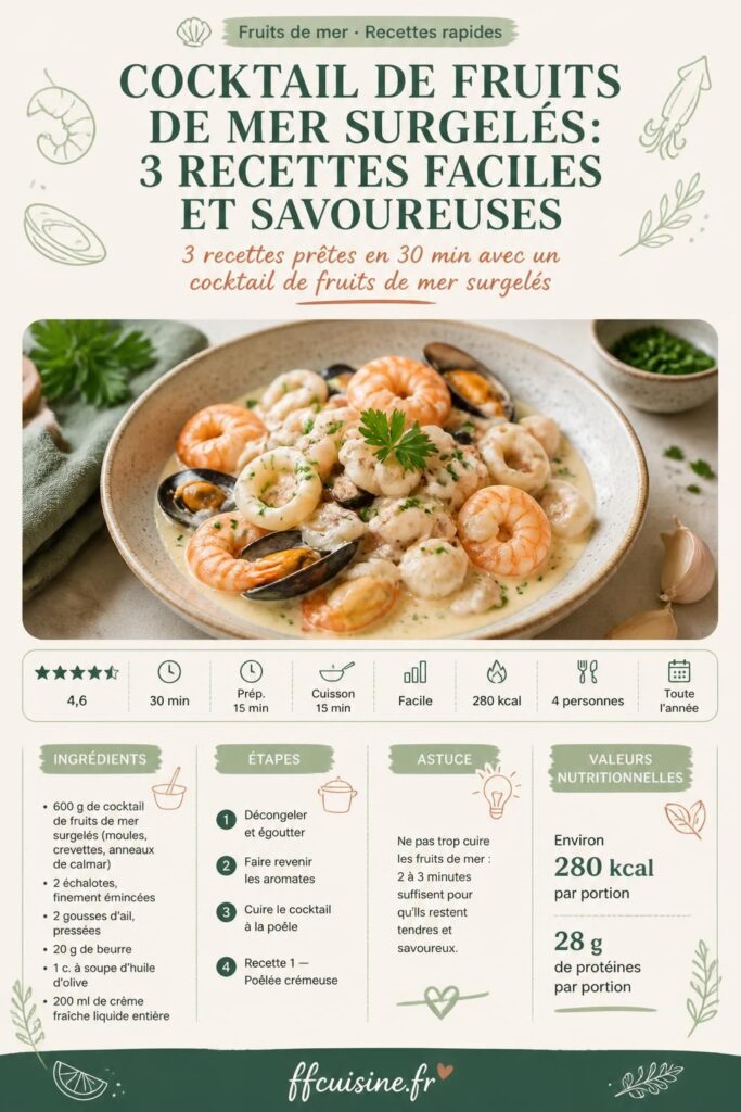 Cocktail de fruits de mer surgelés en gratin doré, poêlée crémeuse et cassolettes individuelles