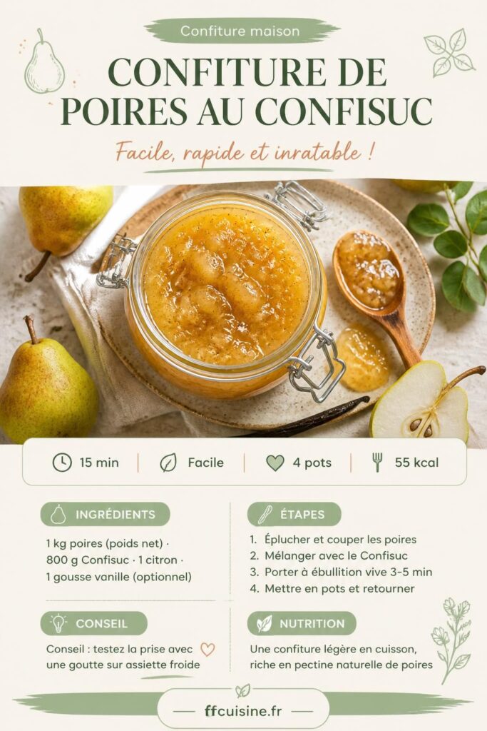 Confiture de poires au Confisuc dans un pot en verre, avec des poires fraîches Williams et une cuillère en bois