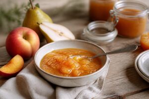 Pot de confiture pêche poire maison ouvert, avec des pêches jaunes et des poires fraîches posées à côté sur un torchon en lin