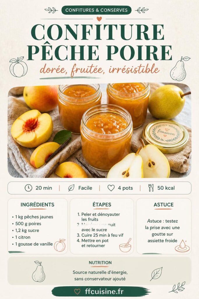 Pot de confiture pêche poire maison avec pêches jaunes et poires fraîches, recette facile ffcuisine.fr