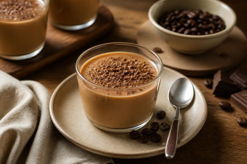 Crème au café à l'ancienne servie dans un ramequin blanc, texture veloutée, grains de café en décoration sur fond de table en bois clair
