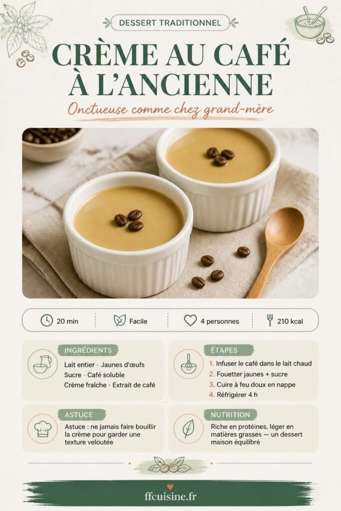 Crème au café à l'ancienne en ramequin blanc avec grains de café, recette traditionnelle française