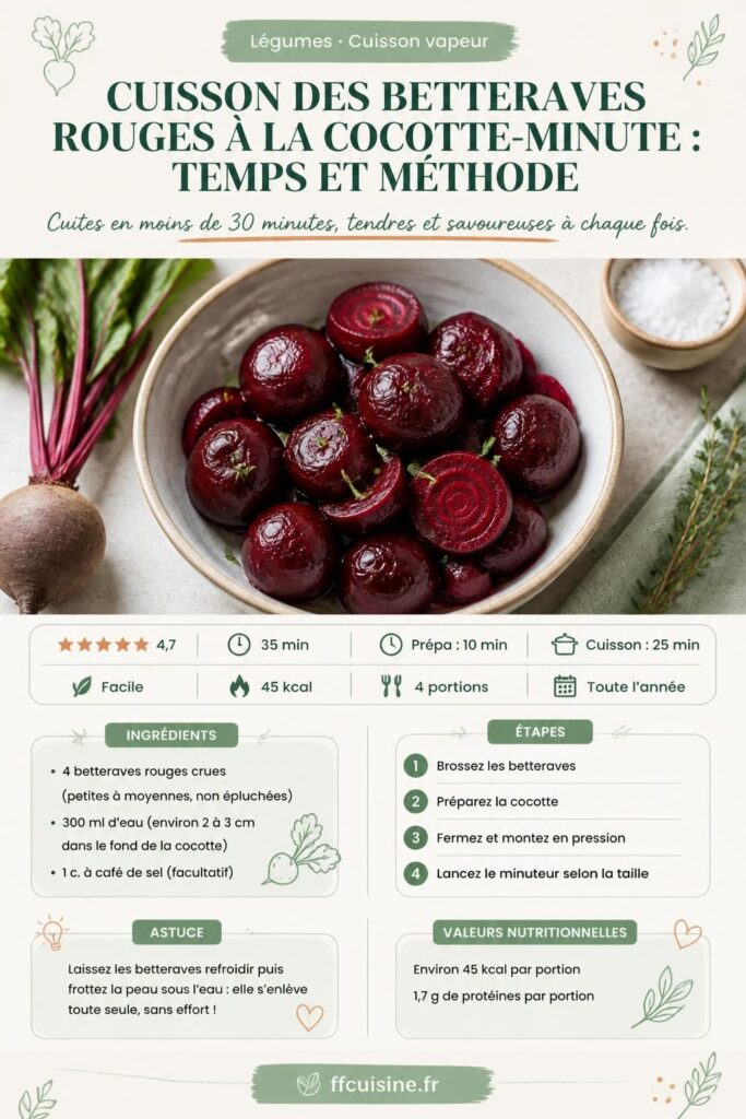 Betteraves rouges cuites à la cocotte-minute, peau qui se décolle, sur une planche en bois