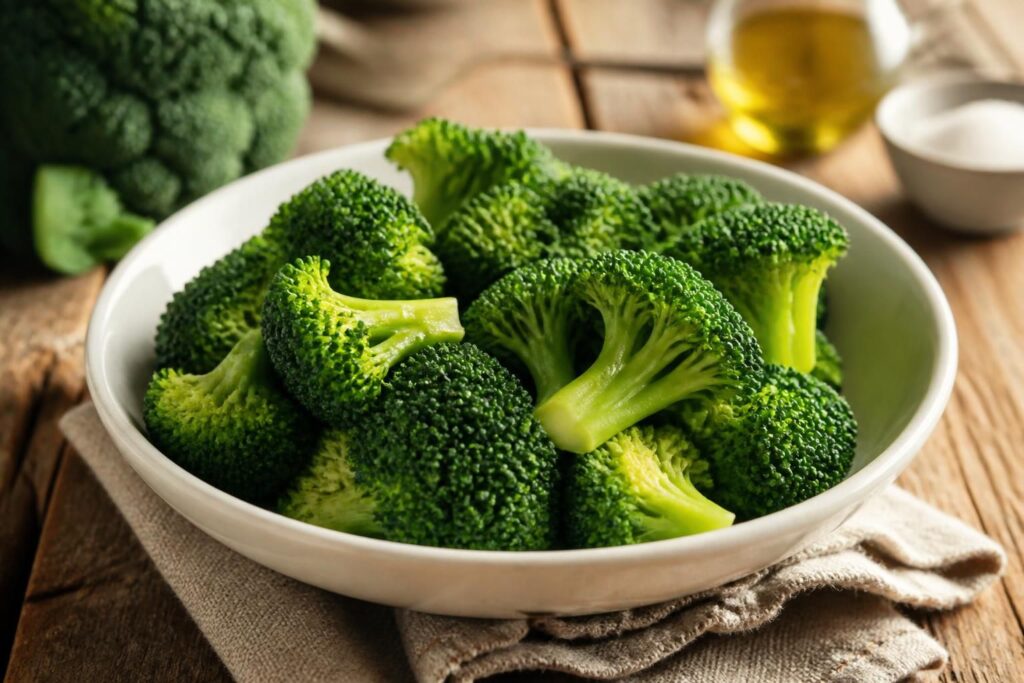 Fleurettes de brocoli vapeur dans un panier de cocotte-minute, couleur verte brillante, fond en bois clair