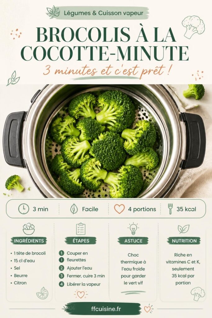 Fleurettes de brocoli vapeur dans un panier de cocotte-minute, couleur verte brillante