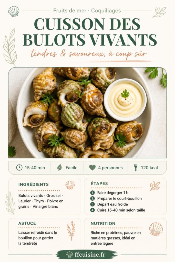 Bulots vivants cuits au court-bouillon servis dans un bol blanc, vue de dessus, avec mayonnaise maison et brins de persil