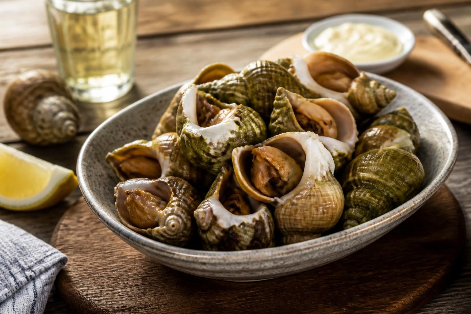 Bulots vivants cuits au court-bouillon servis dans un bol blanc avec une mayonnaise maison, vue de dessus sur fond de bois clair