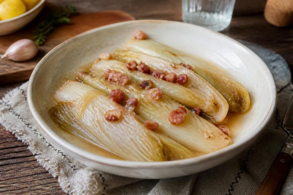 Endives braisées cuites au Cookeo dans un plat blanc, texture fondante et dorée, prêtes à servir