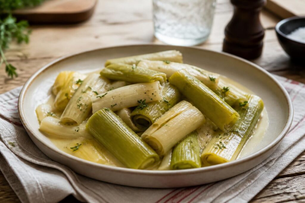 Poireaux cuits à la vapeur dans une cocotte-minute SEB, présentés sur une assiette blanche avec une vinaigrette maison