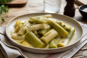 Poireaux cuits à la vapeur dans une cocotte-minute SEB, présentés sur une assiette blanche avec une vinaigrette maison