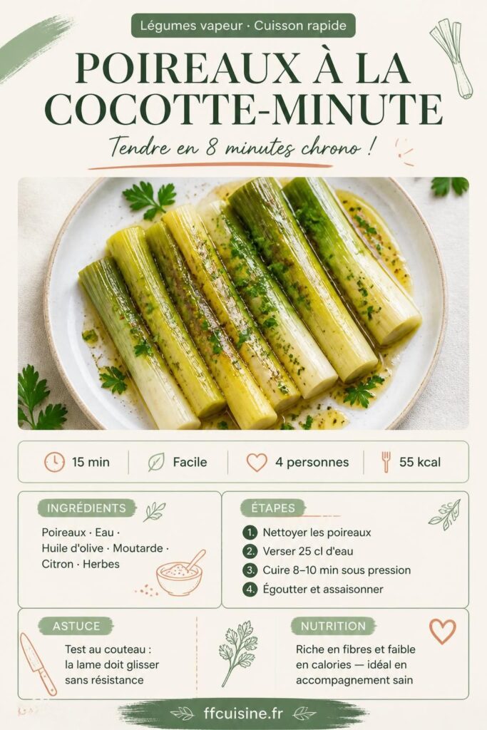 Poireaux cuits à la cocotte-minute, nappés d'une vinaigrette moutardée, sur assiette blanche