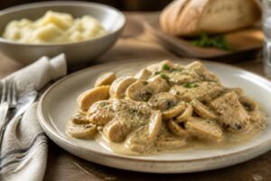 Émincé de dinde à la crème servi dans une poêle avec sauce onctueuse, échalotes et persil frais