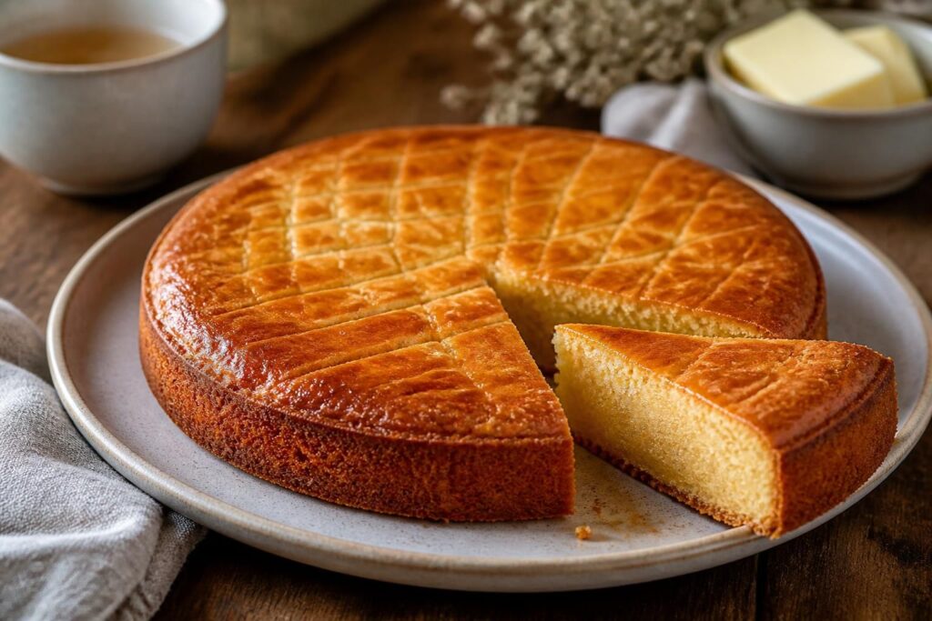 Gâteau palet breton maison au beurre demi-sel, tranché sur une planche en bois, texture sablée dorée visible, accompagné d'une tasse de thé