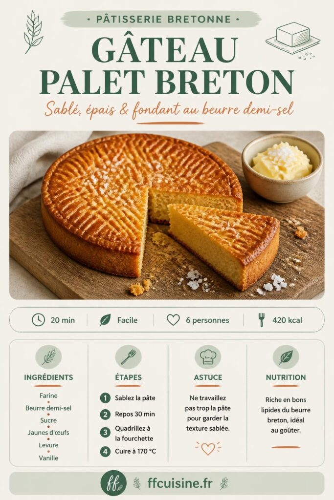Gâteau palet breton au beurre demi-sel, tranché sur une planche, quadrillage à la fourchette visible