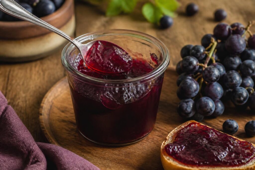 Pots de gelée de raisins noirs maison posés sur un torchon en lin, avec des grappes de raisins noirs frais à côté