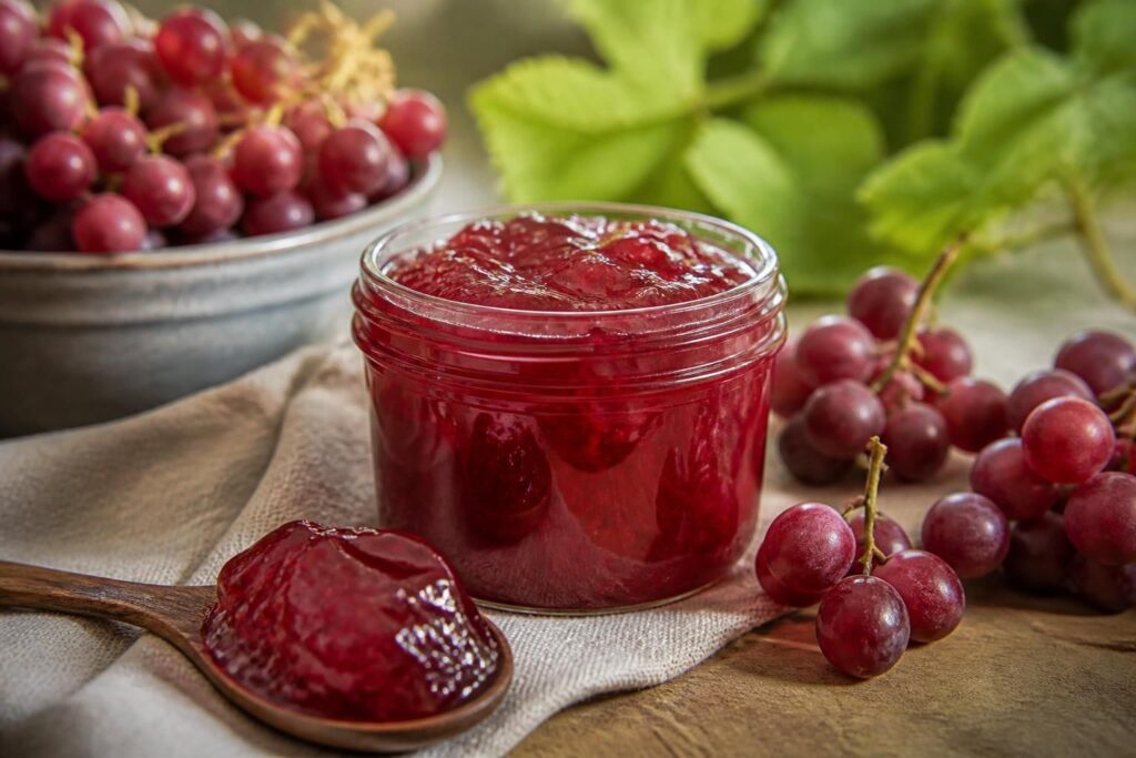 Pot de gelée de raisins rouges maison, couleur rubis translucide, posé sur une planche en bois avec des grappes de raisins rouges frais autour