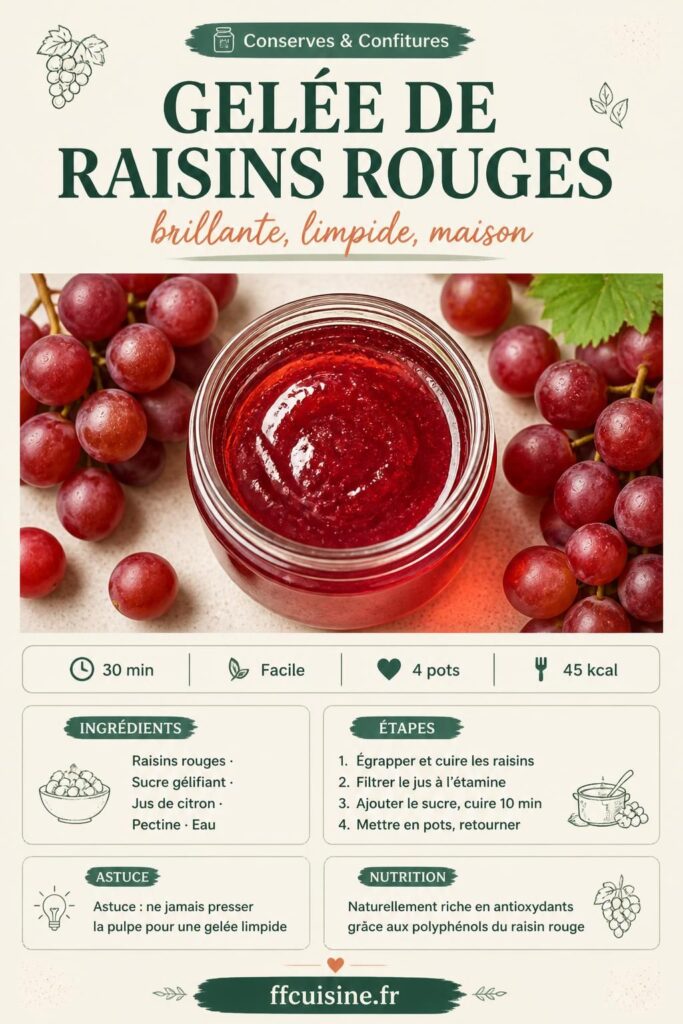 Pot de gelée de raisins rouges maison couleur rubis avec des grappes de raisins frais