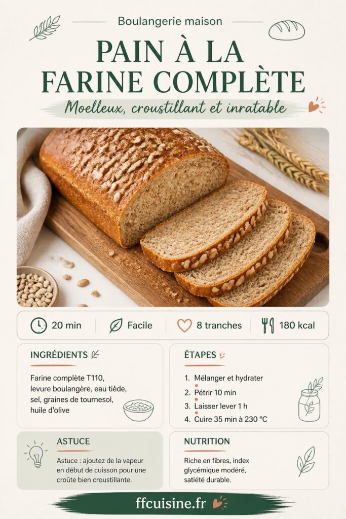 Pain à la farine complète fait maison tranché, mie alvéolée et croûte dorée aux graines de tournesol