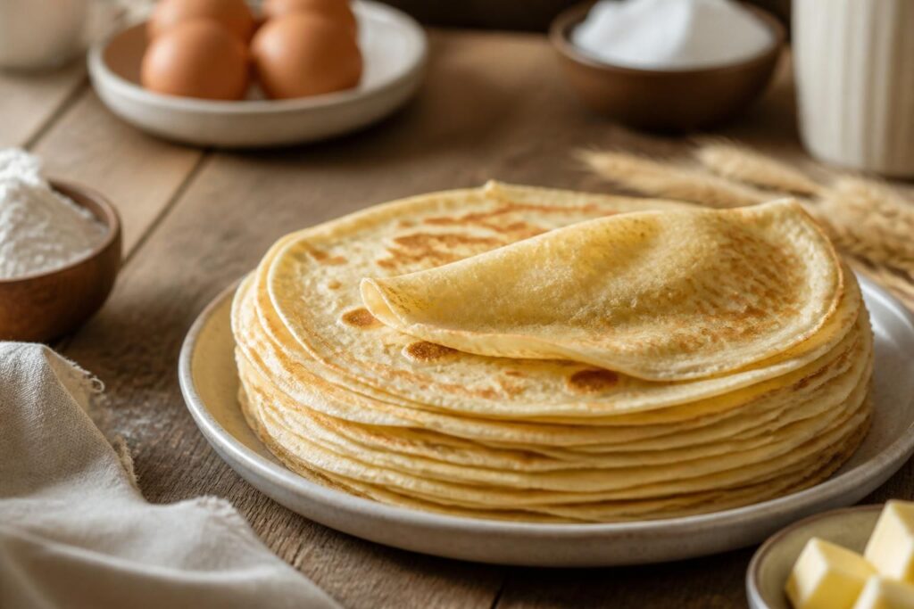 Bol de pâte à crêpes maison lisse et dorée avec un fouet, entouré d'œufs frais, de farine T55 et d'un verre de lait entier sur un plan de travail en bois