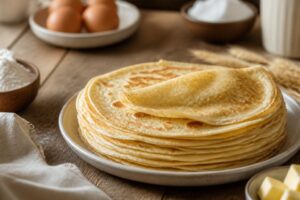 Bol de pâte à crêpes maison lisse et dorée avec un fouet, entouré d'œufs frais, de farine T55 et d'un verre de lait entier sur un plan de travail en bois