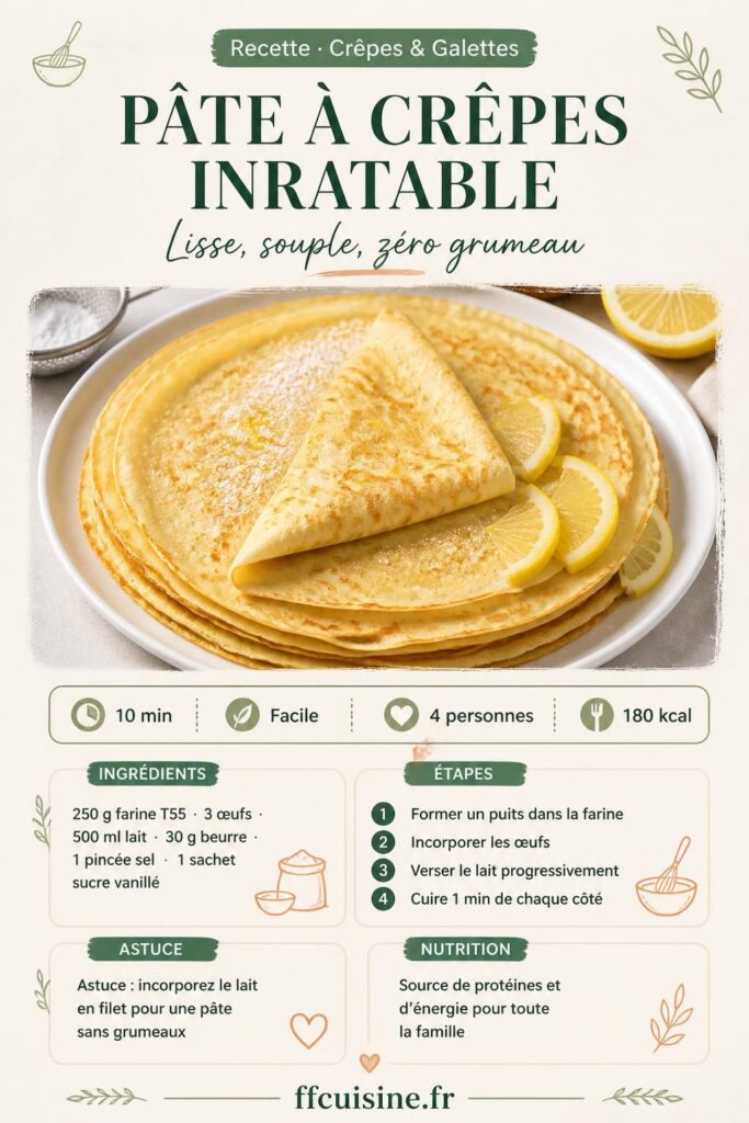 Pâte à crêpes maison inratable : bol de pâte lisse avec crêpes dorées pliées sur assiette blanche