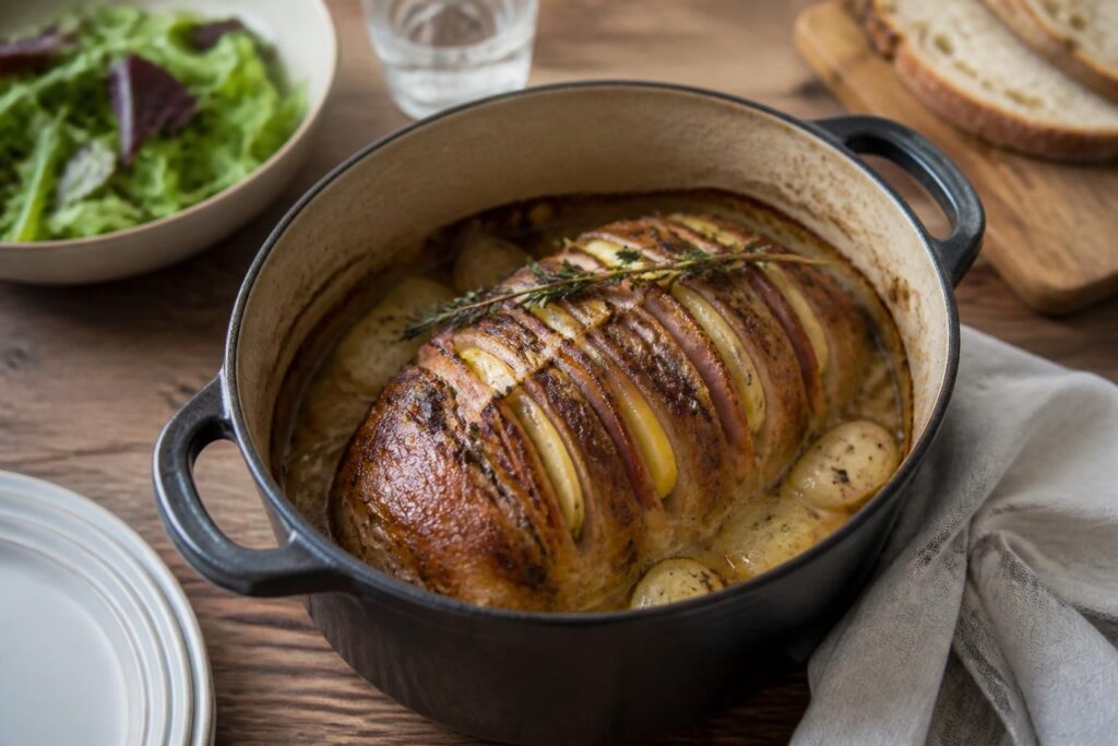 Rôti de porc Orloff tranché dans une cocotte en fonte, entouré de légumes dorés et nappé de son jus de cuisson