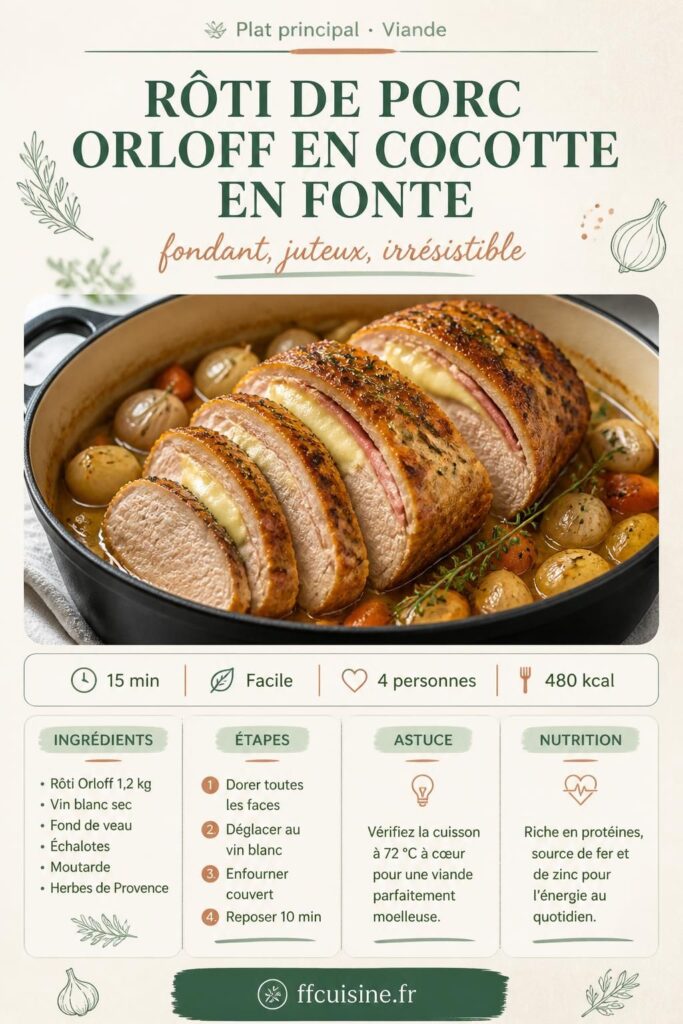Rôti de porc Orloff tranché dans une cocotte en fonte avec légumes et jus de cuisson dorés