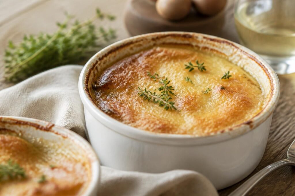 Entrée chaude en ramequin dorée sortie du four, garnie de crème, d'œuf et de fromage râpé fondu, servie sur une assiette en ardoise