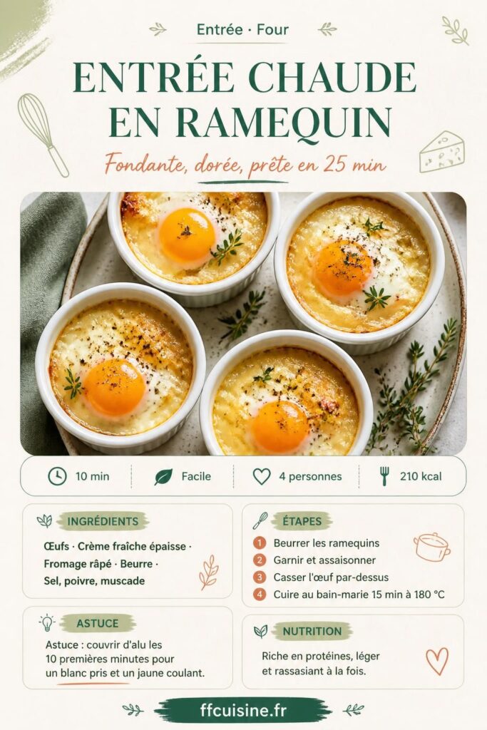 Entrée chaude en ramequin : œuf, crème et fromage fondu, cuisson au bain-marie à 180 °C