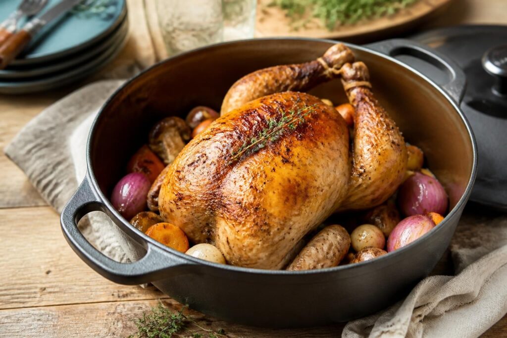 Chapon entier doré cuit en cocotte en fonte émaillée, entouré de légumes et d'herbes aromatiques, sur une table de fête