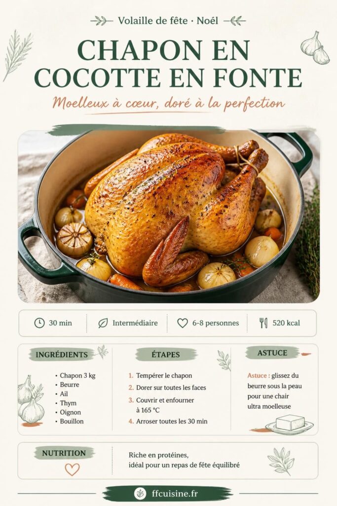 Chapon en cocotte en fonte doré, servi pour les fêtes de Noël