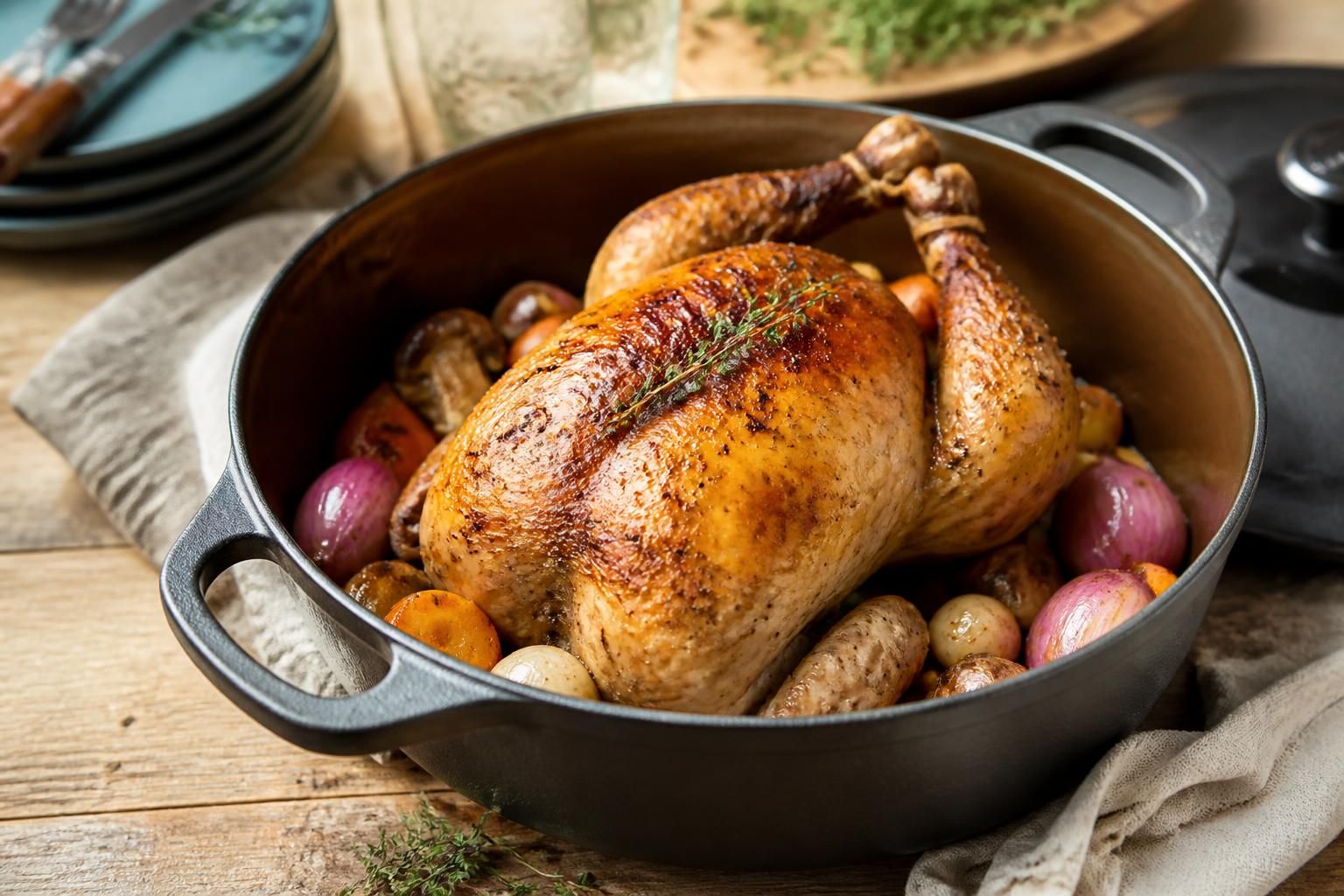 Chapon entier doré cuit en cocotte en fonte émaillée, entouré de légumes et d'herbes aromatiques, sur une table de fête