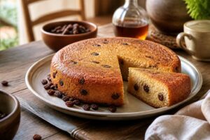 Gâteau de semoule aux raisins secs et au rhum démoulé sur une assiette, nappé de caramel doré coulant