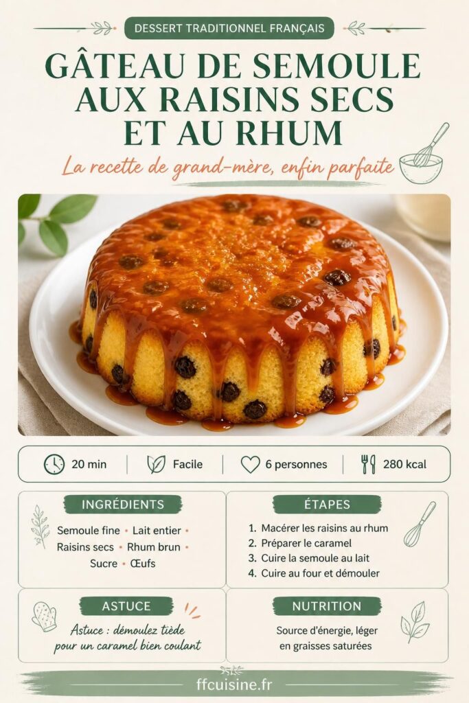 Gâteau de semoule aux raisins secs et au rhum avec caramel doré coulant, recette traditionnelle française