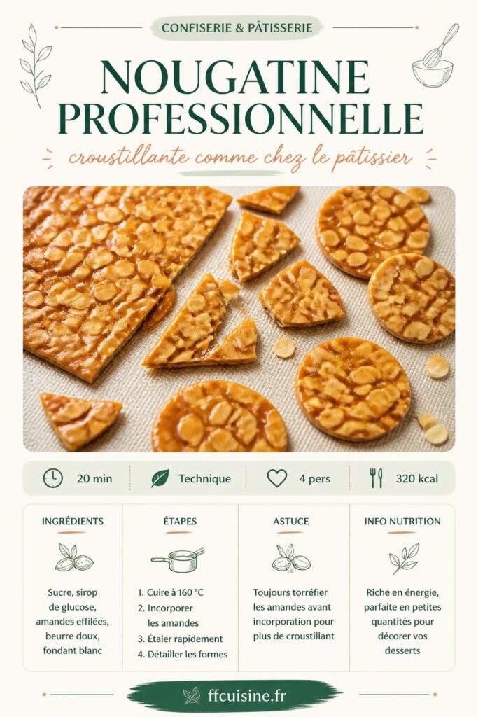 Recette de nougatine professionnelle aux amandes effilées, caramel doré, étalée sur tapis silicone
