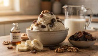Glace légère banane, raisins et noix : recette express