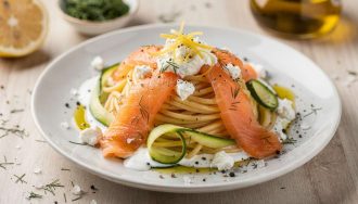 Spaghettis Courgettes et Saumon Fumé : sauce au Chèvre Frais