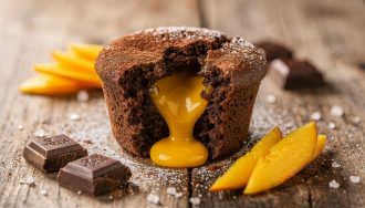 Gâteau léger au chocolat et cœur coulant à la mangue