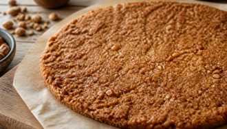 Fond de gâteau croustillant au spéculoos et chocolat au lait dans un cercle pâtissier, vu de dessus sur un plan de travail en marbre blanc