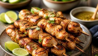 Brochettes de poulet marinées au miel et citron vert, caramélisées sur la grille du barbecue, avec des graines de sésame et des herbes fraîches