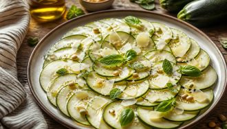 Carpaccio de courgettes crues en tranches fines, arrosé d'huile d'olive et de jus de citron, garni de copeaux de parmesan et de feuilles de basilic frais, servi dans une assiette blanche sur fond de bois clair