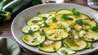Assiette de courgettes marinées en tranches fines, nappées d'huile d'olive et parsemées de menthe fraîche et de basilic, servies en entrée estivale