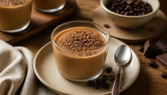 Crème au café à l'ancienne servie dans un ramequin blanc, texture veloutée, grains de café en décoration sur fond de table en bois clair