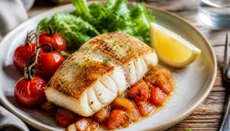 Dos de cabillaud à la poêle, chair nacrée et moelleuse, servi avec un filet de citron et du beurre fondu